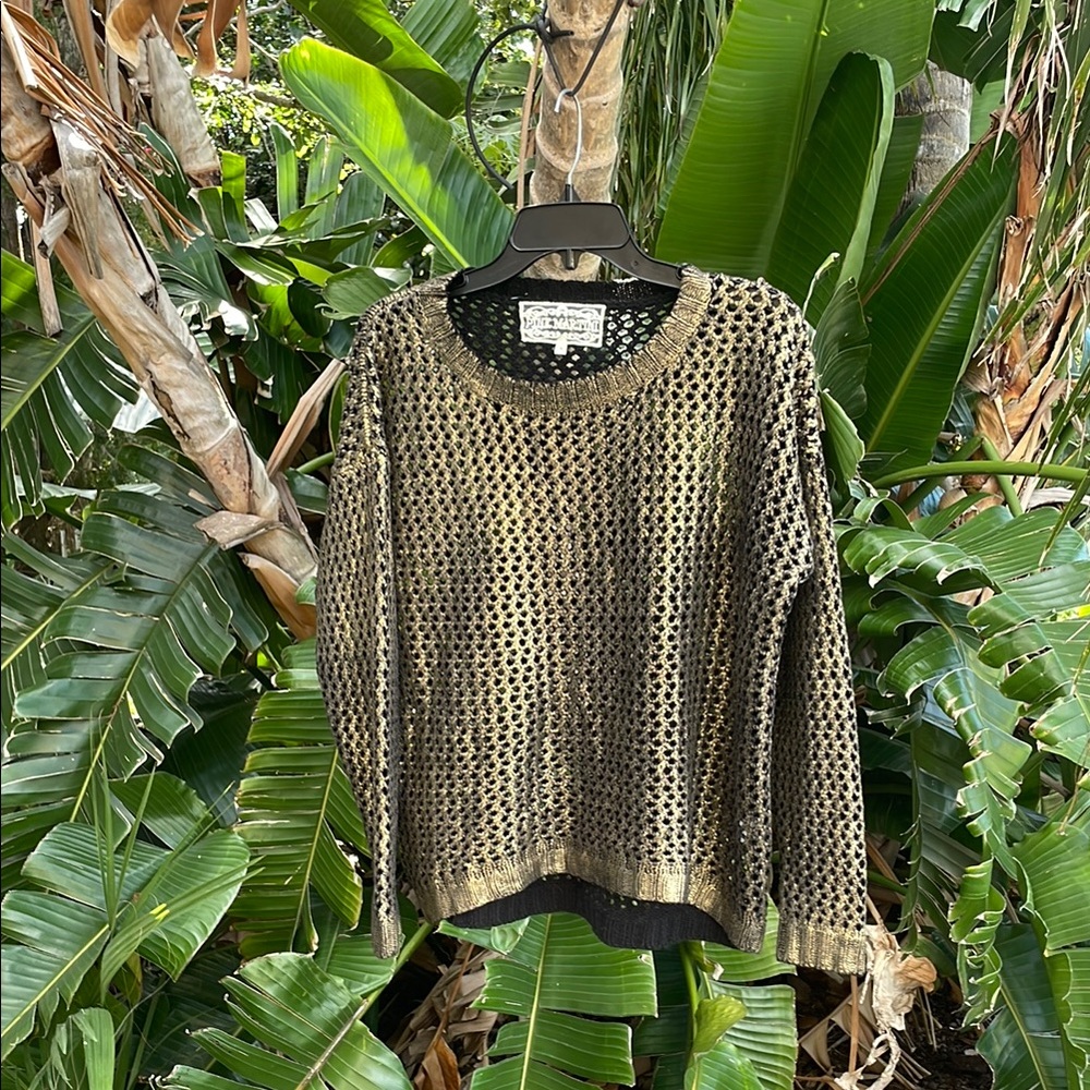 gold, metallic crochet net top or sweater oversized